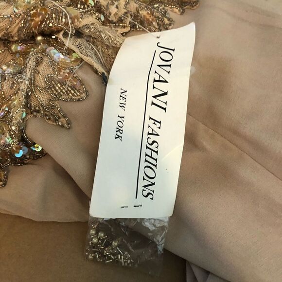 Jovani Evening Long Sleeve Beaded Illusion Beige Gatsby Deco Formal Keyhole Gown - Picture 13 of 15